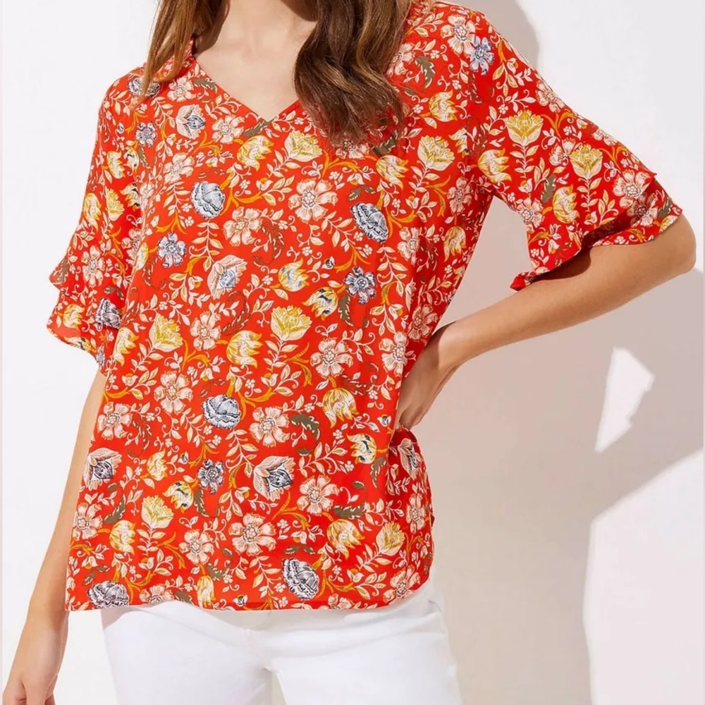 Loft Red Floral Flutter Sleeve Blouse, Size Large
